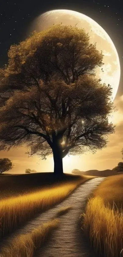 Moonlit tree and golden path under a bright night sky.