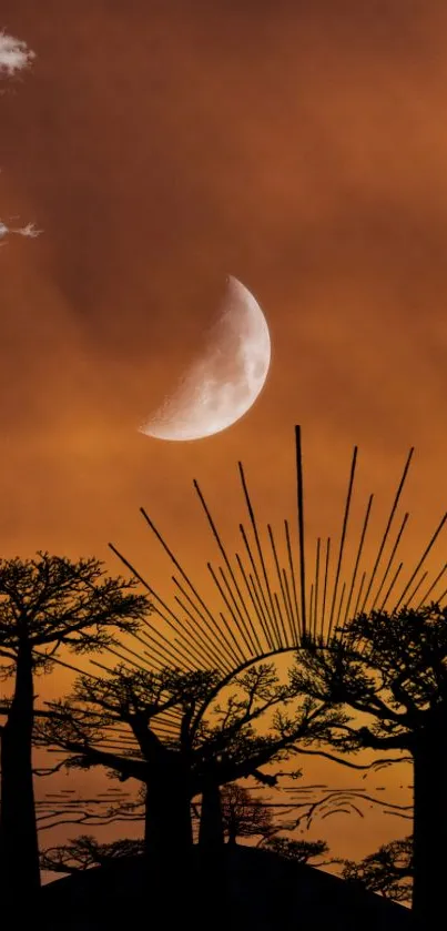 Mystical trees silhouetted against a copper moonlit sky.