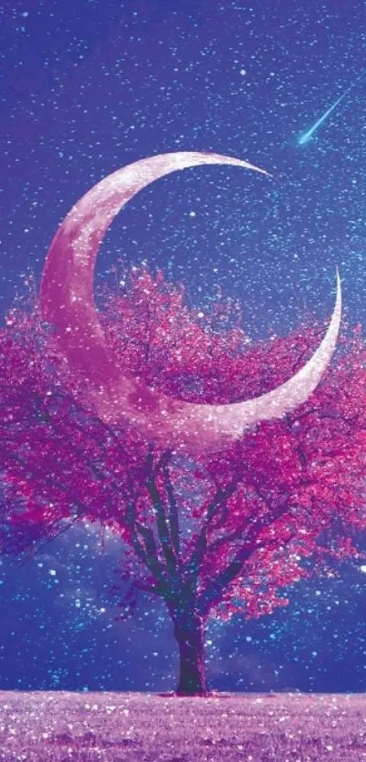 A mystical crescent moon above a vibrant pink tree under a starry night sky.