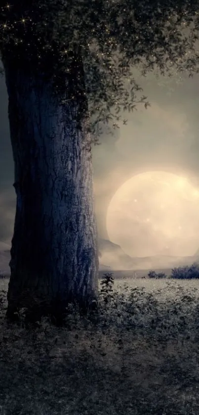 Mystical night scene with a moonlit tree and starry sky.