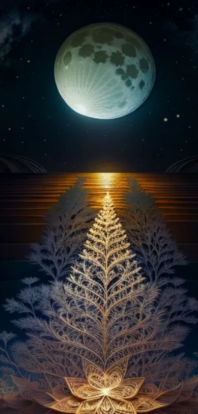 Mystical nighttime wallpaper with a glowing moon and ornate tree pattern.