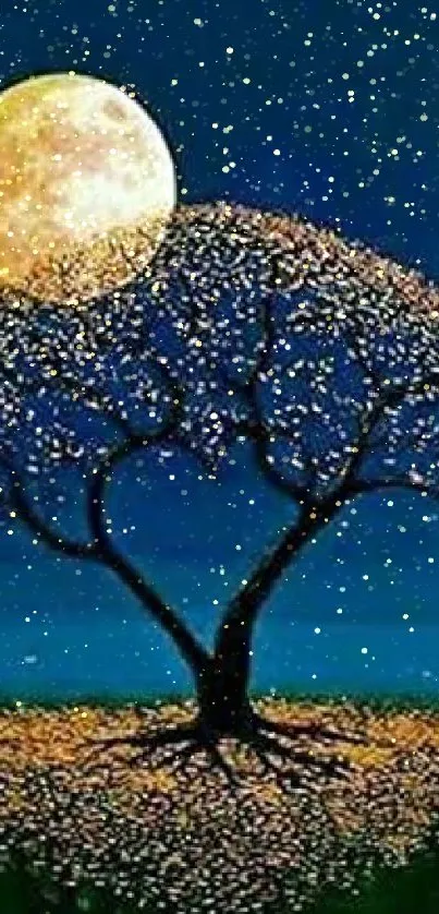 Mystical tree with full moon shining, creating a serene and enchanting night scene.