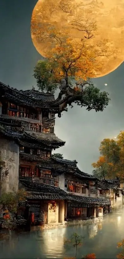 Mystical village scene with golden moon and Chinese architecture.