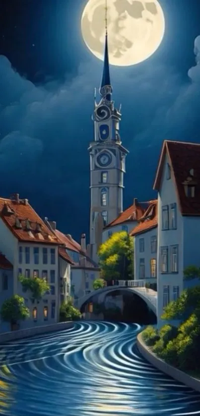 A tranquil moonlit village with a clock tower and serene canal.