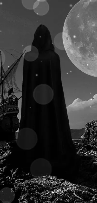 A cloaked figure overlooks a ship under a full moon on a rocky coastline at night.