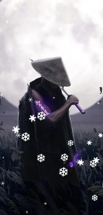 Mystical figure walks beneath a full moon in an enchanting dark field scene.