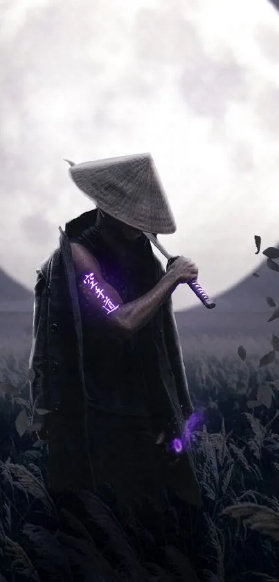 A mystical wanderer under a full moon in a dark, atmospheric field setting.