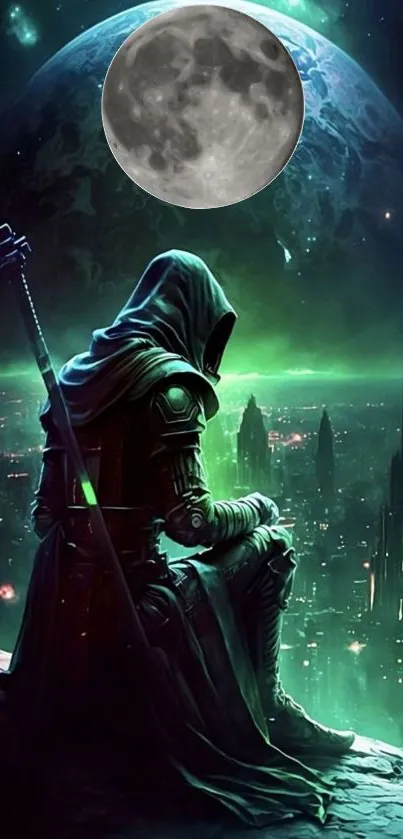 Hooded warrior overlooks a mystical, green-lit city beneath a full moon.