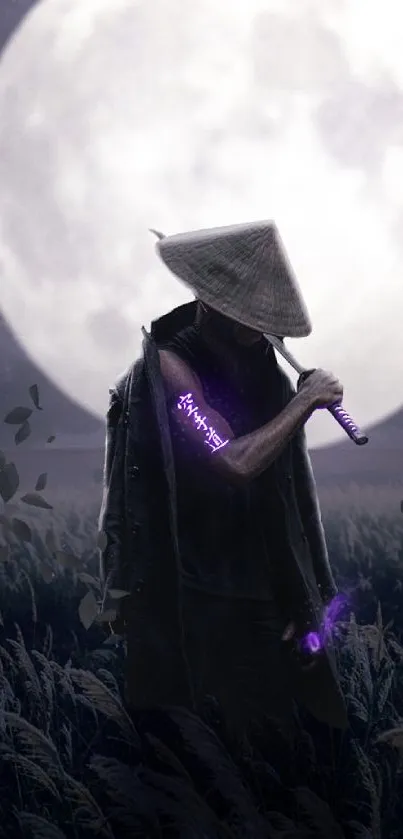 Lone warrior under a full moon in a mystical scene with dark, dramatic tones.