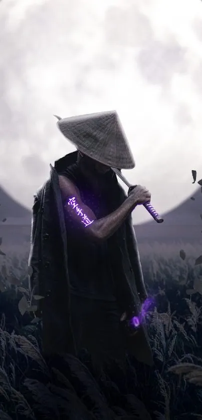 Mystical warrior under a full moon with a glowing purple sword.