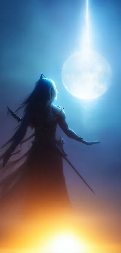 Mystical warrior stands under a luminous moon with a glowing sky.