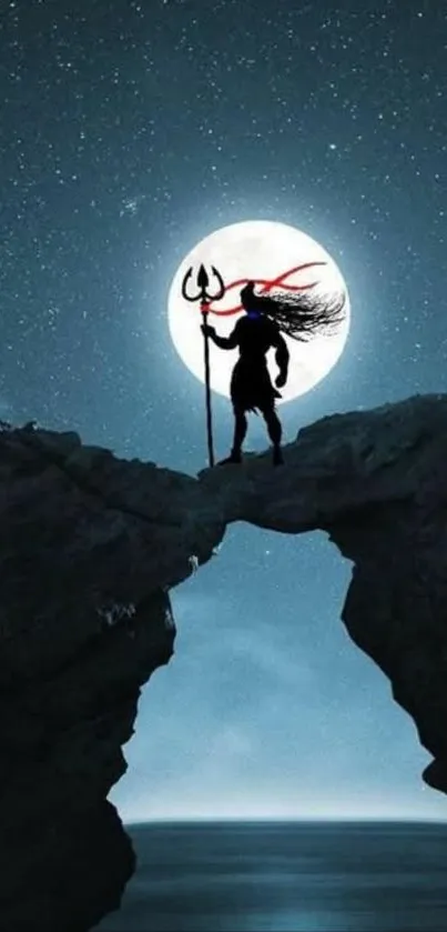 Silhouette of a warrior under a full moon on a starry night.