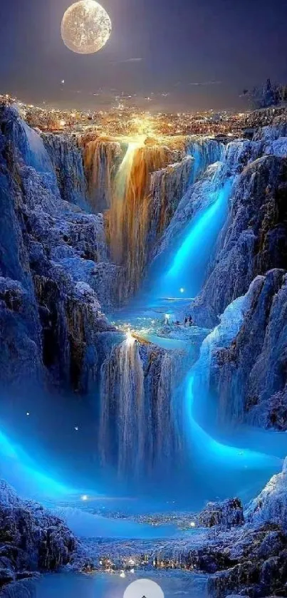 Blue waterfall under moonlight with glowing streams.