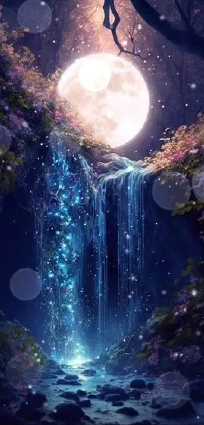 Mystical wallpaper of a moonlit waterfall in a dark, enchanted forest.