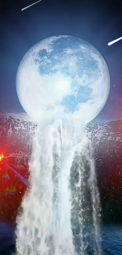 Mystical waterfall under a glowing moon with celestial accents, ideal for phone wallpaper.