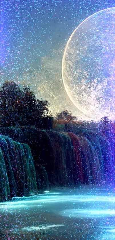 Mystical moonlit waterfall with serene water and celestial background.