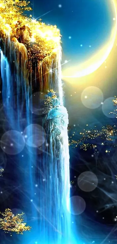 Mystical waterfall under a crescent moon with glowing accents and stars.