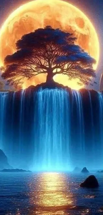 Artwork with a magical tree and moonlit waterfall.