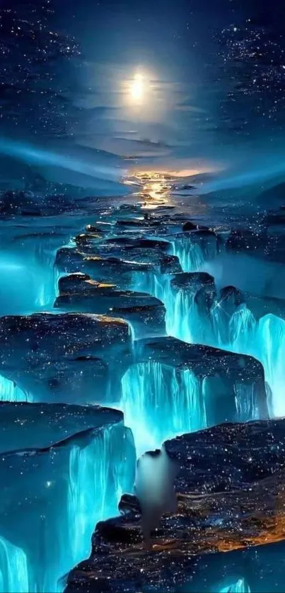 Moonlit waterfall cascade under a serene night sky.