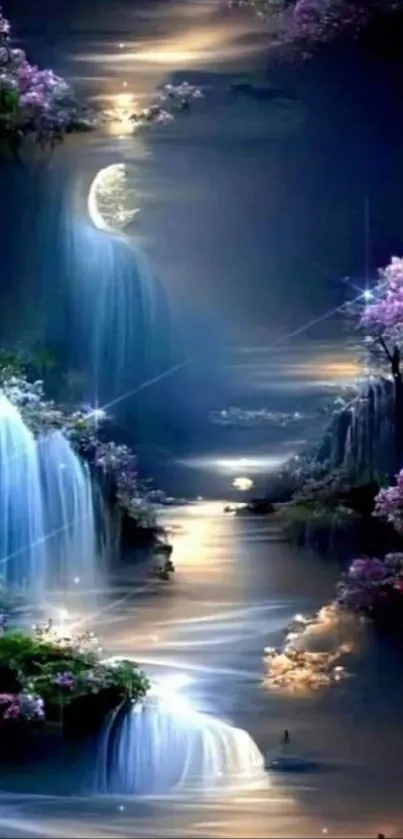 Mystical moonlit waterfall with lush greenery and blossoms, glowing in tranquil night.