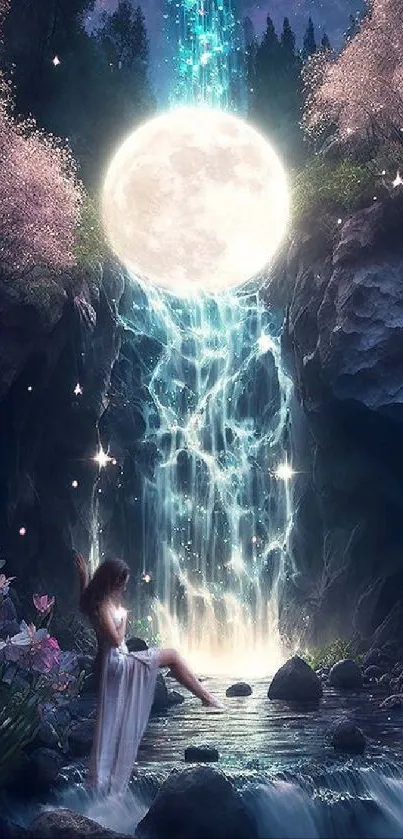 Mystical scene with moonlit waterfall and standing woman in fantasy landscape.