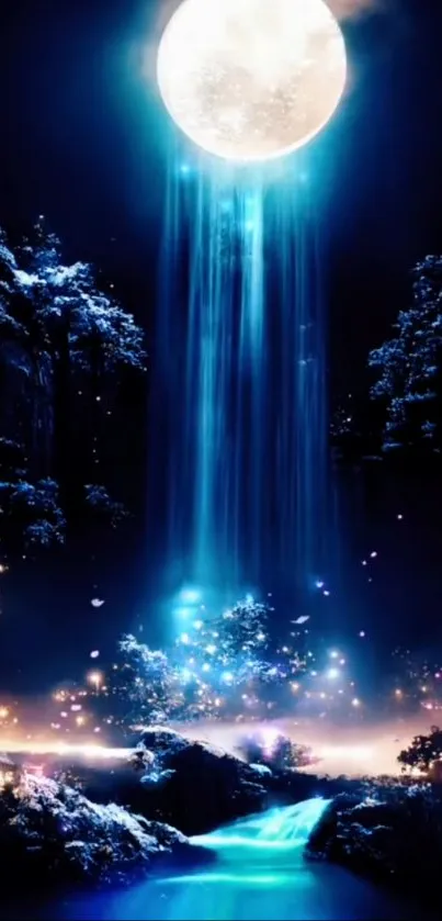 Mystical moonlit waterfall with blue hues in a serene forest setting.