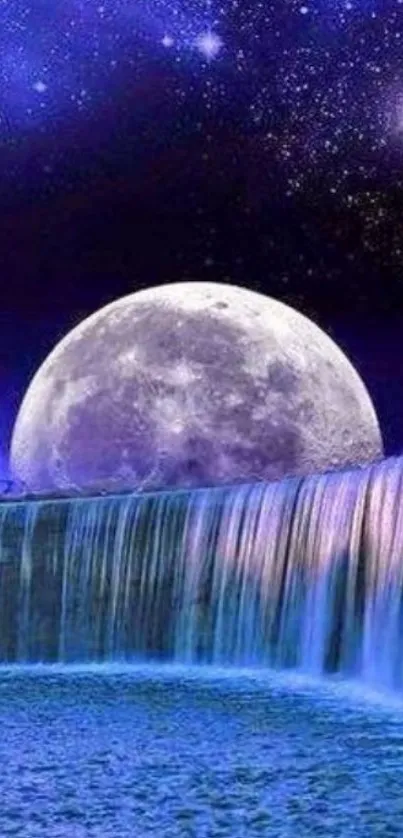 Moonlit waterfall with starry sky background.