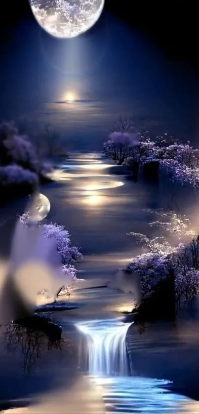 Enchanting moonlit waterfall with glowing blossoms and serene blue hues.