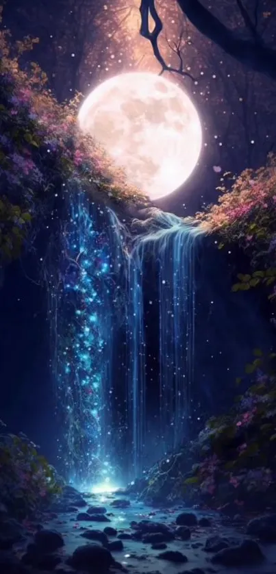 Mystical landscape with moonlit waterfall and lush foliage.