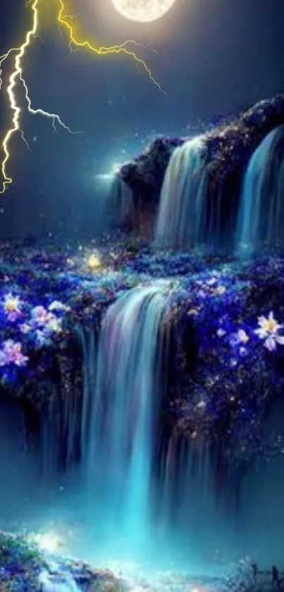 Mystical moonlit waterfall with flowers and a dark sky.