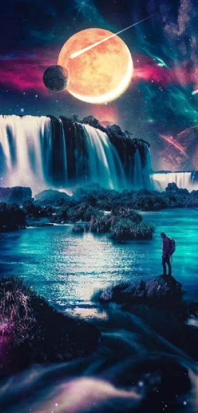 Mystical landscape with moonlit waterfalls and vibrant nebula sky.