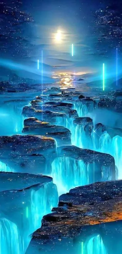 Mystical waterfall with moonlit glow in fantasy landscape.