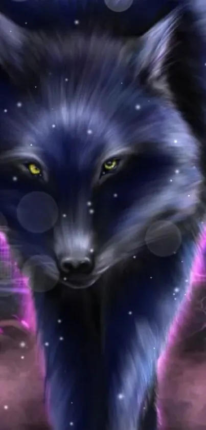 Mystical wolf in a moonlit purple forest scene.