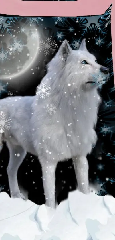 Mystical white wolf in snowy, moonlit landscape wallpaper.