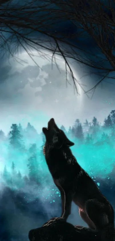 Wolves howling under a full moon with a misty forest background.