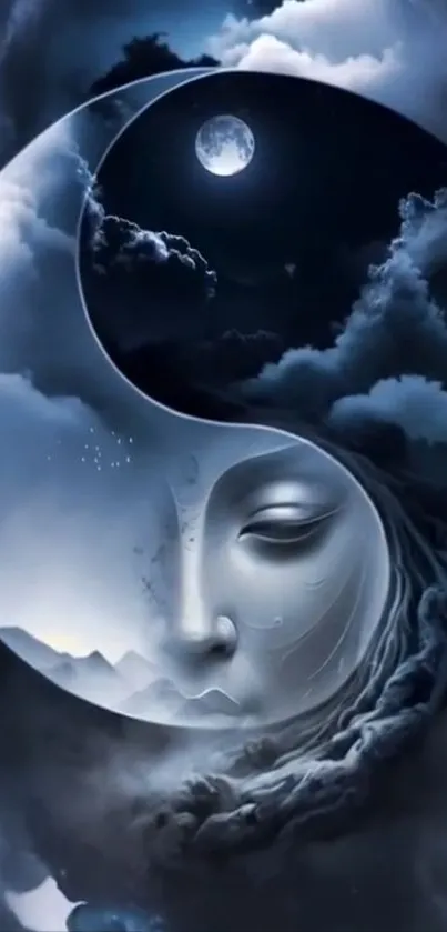 Mystical Yin Yang wallpaper with moonlit face and clouds.