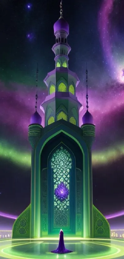 Glowing mosque with stars in a vibrant night sky.