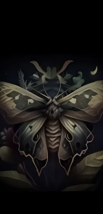 Mystical moth on a dark, enchanting background with nature accents.