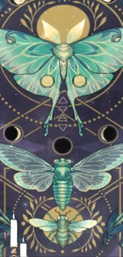 Mystical moth wallpaper with teal and gold design.