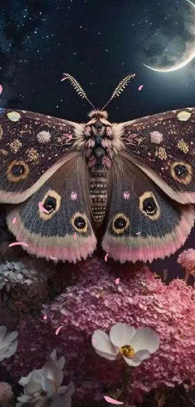 Moth resting on pink flowers under starry sky and crescent moon.