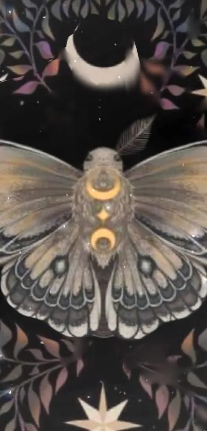 Mystical moth with crescent moon on a dark wallpaper background.