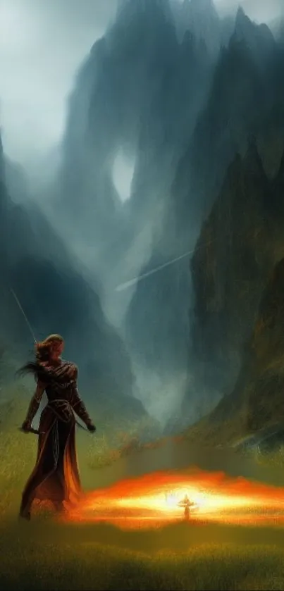 Fantasy landscape wallpaper with warrior and glowing pool.