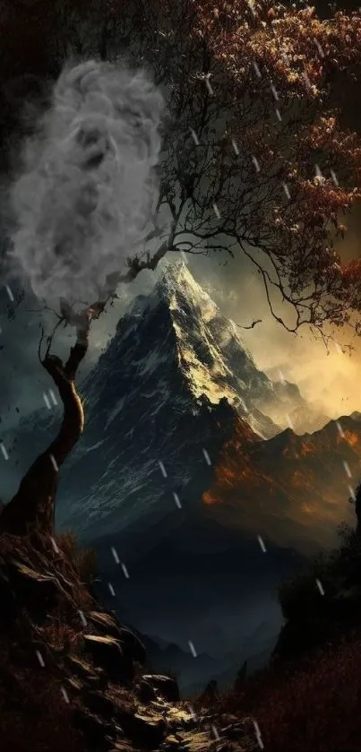 Mystical scene of a mountain with a solitary tree and a dramatic sky.