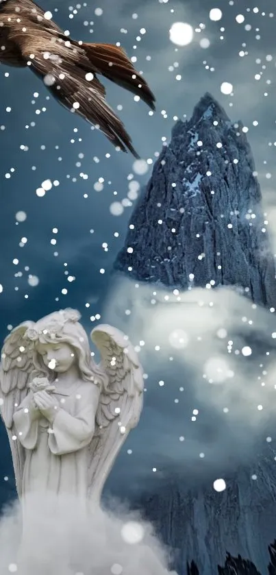 Angel statue with eagle over mountain peak and cloudy sky wallpaper.