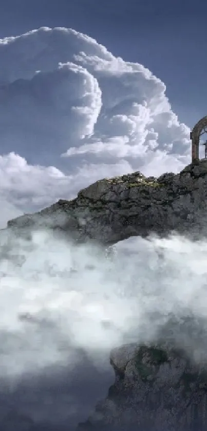 Mystical mountain archway surrounded by clouds.