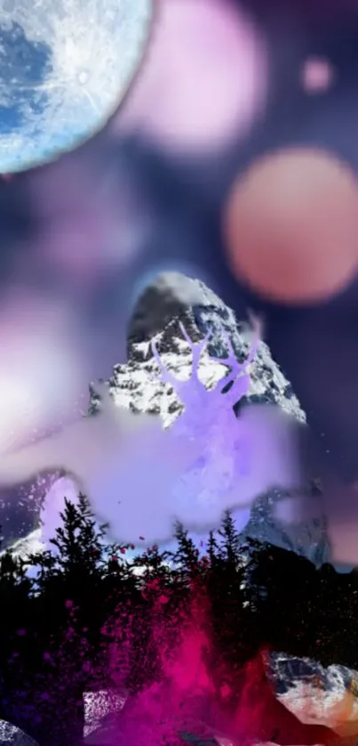 Bear silhouette and mountain under moon with glowing bokeh lights wallpaper.
