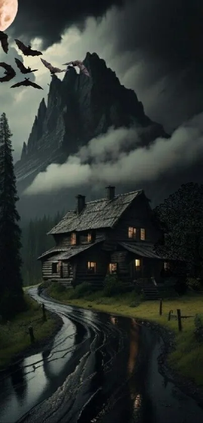 Dark mountain cabin under a moonlit sky with eerie forest ambiance.