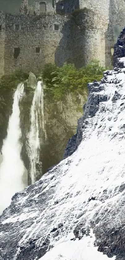 Mystical mountain scene with castle and waterfall.