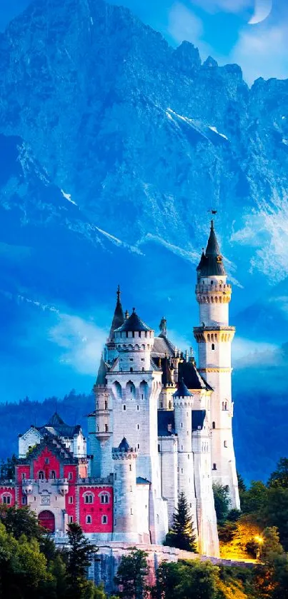 Majestic castle with mountains in blue haze.