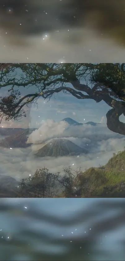 Mystical mountain landscape with clouds and tree silhouette.